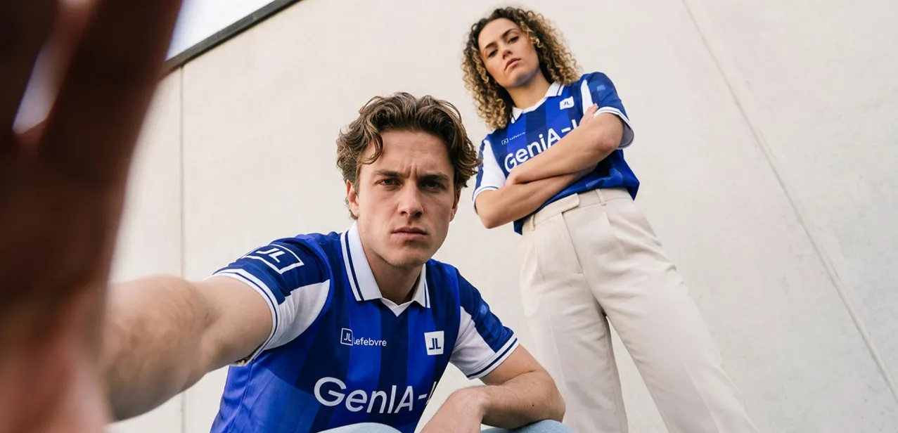 Dos jóvenes con la camiseta azul de GenIA-L, vistos desde abajo, frente a un muro claro