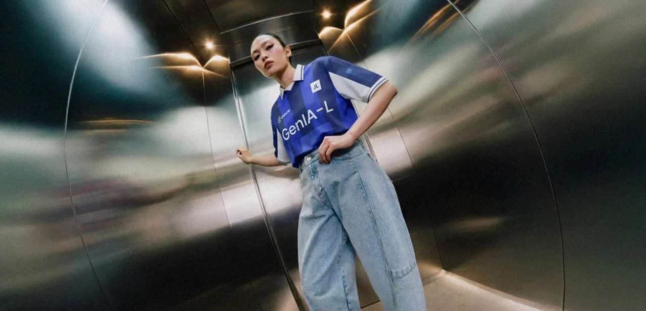 Joven con la camiseta GenIA-L y vaqueros posando en el interior de un ascensor metálico