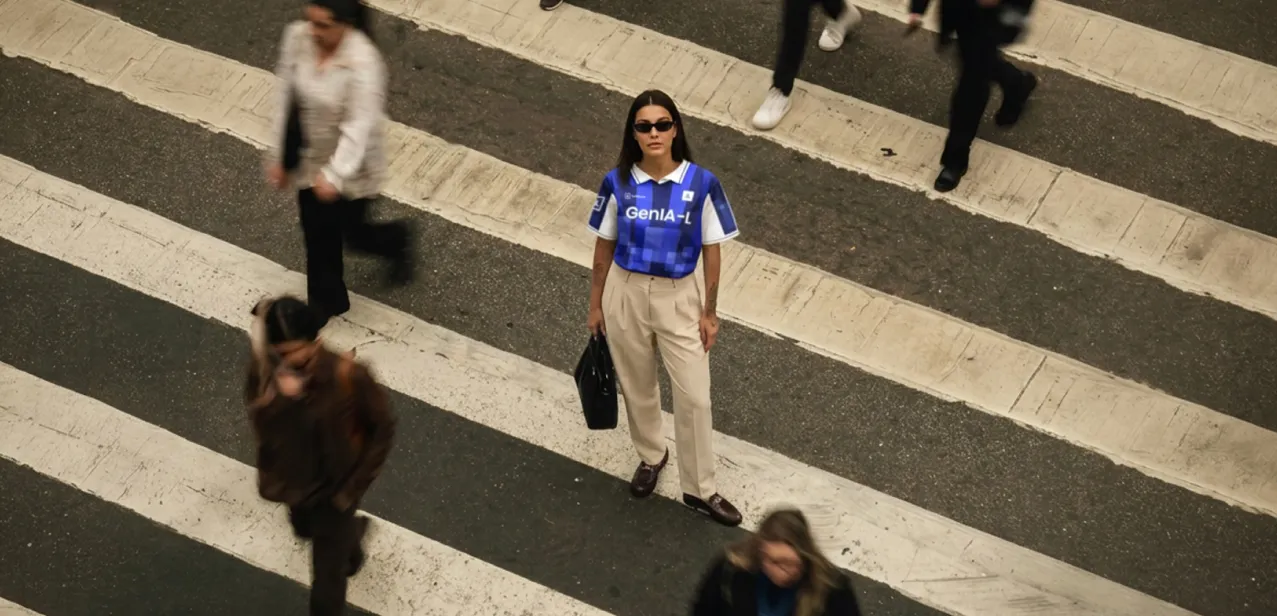 Joven con la camiseta GenIA-L y un maletín, de pie en un paso de cebra entre peatones