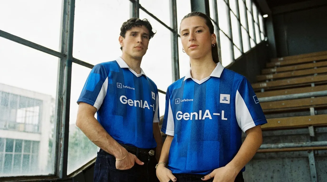 Dos jóvenes con la camiseta azul La Nuestra de GenIA-L en unas gradas