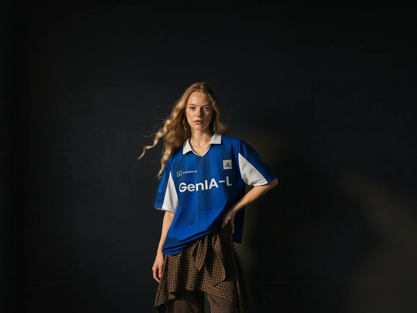 Joven con la camiseta azul La Nuestra de GenIA-L sobre fondo oscuro